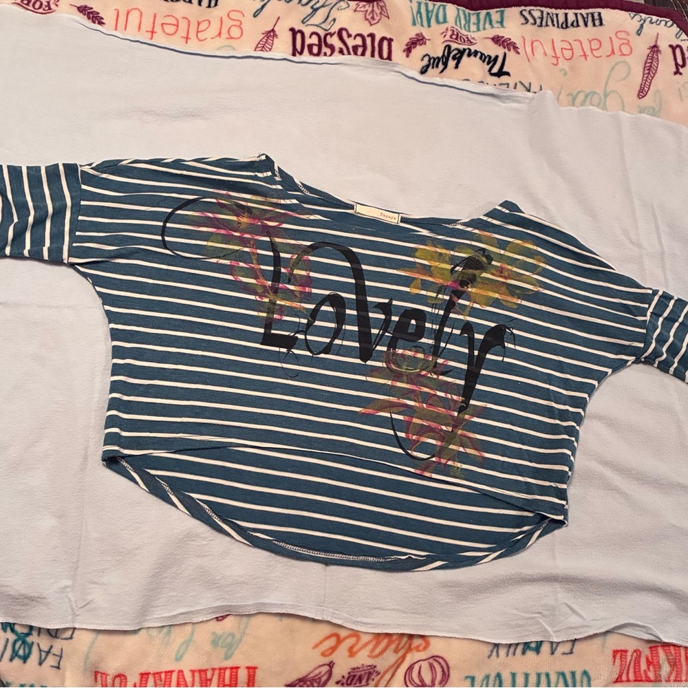 Papaya Blue and Cream/white Striped “Lovely” Cropped High-low Top